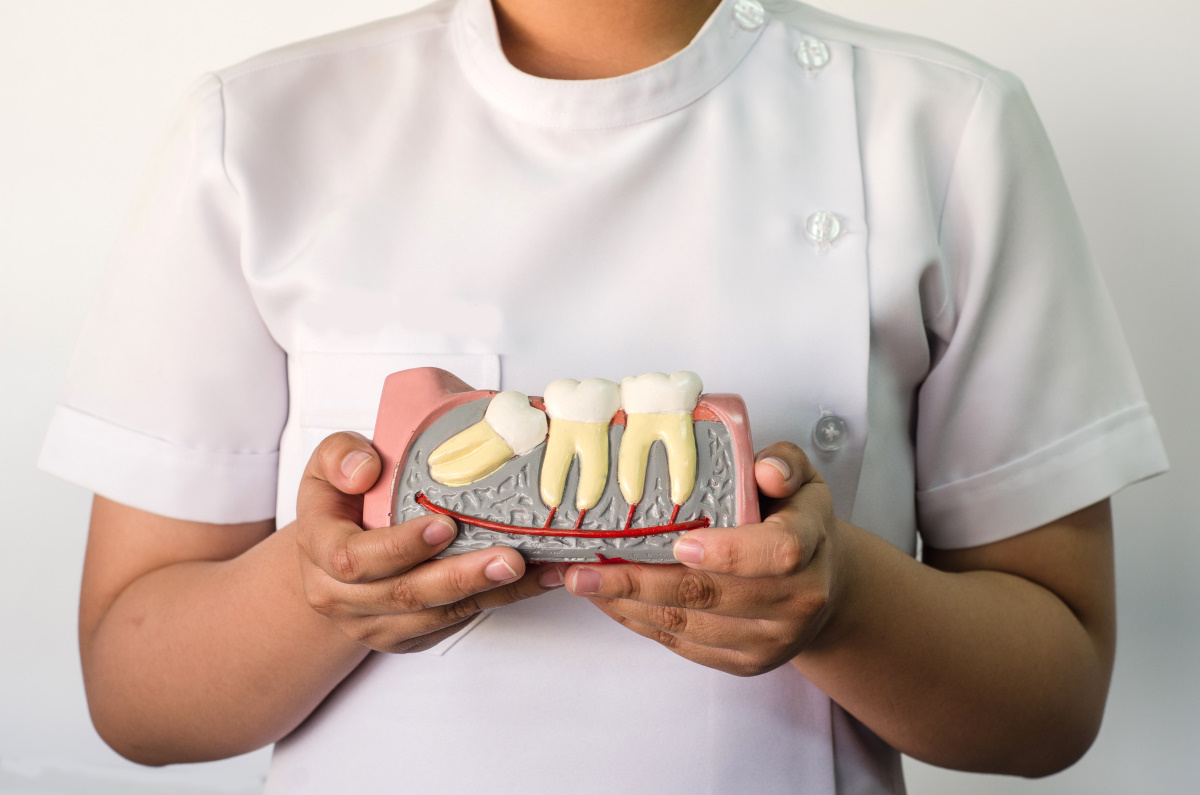 person holding visual representation of impacted wisdom tooth